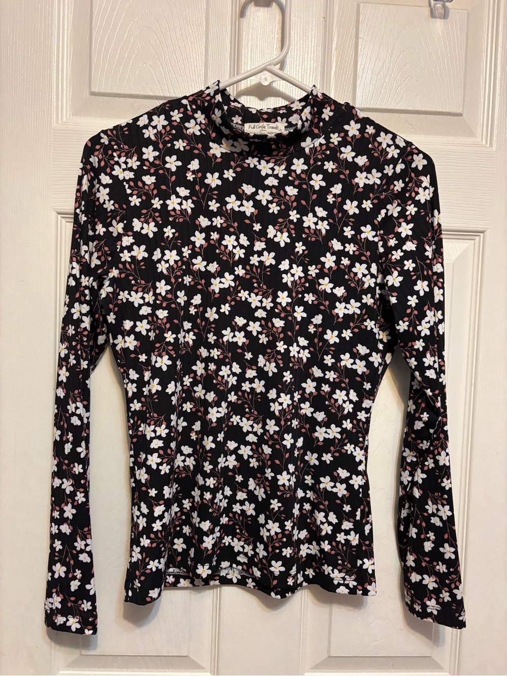 Women’s Micro-Ribbed Black Floral Mock Neck - Medium